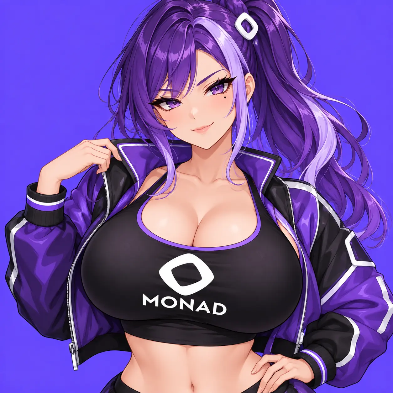 MON character: adult anime woman with a dark purple side ponytail, lilac streak and white Monad hair clasp, wearing a purple-and-black jacket